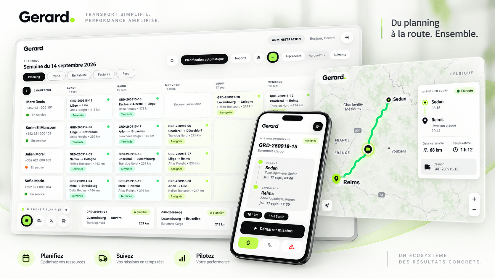 Gerard dispatch platform: weekly planning board, route map and driver mobile app