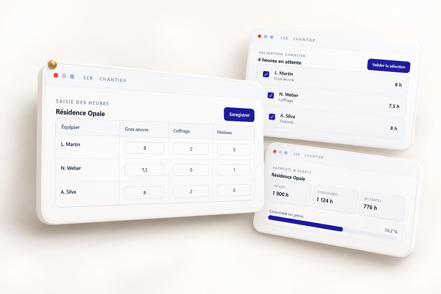 SEB construction management: hours entry, validation and site reporting